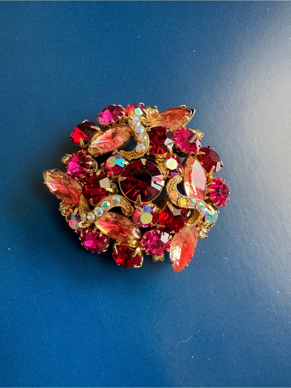 Gold-Tone Pink & Red Crystal Floral Brooch - Juliana D&E